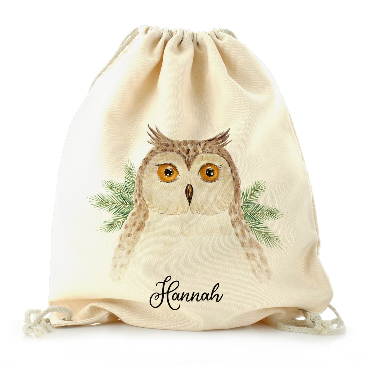 Personalised Canvas Drawstring Backpack with Brown Owl Pine Tree and Cute Text