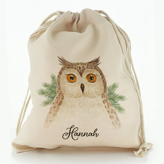 Personalised Canvas Sack with Brown Owl Pine Tree and Cute Text