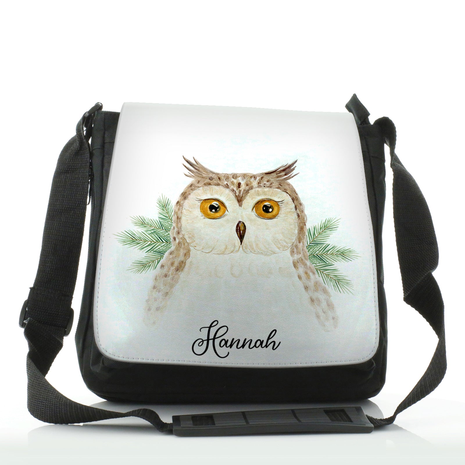 Personalised Shoulder Bag with Brown Owl Pine Tree and Cute Text
