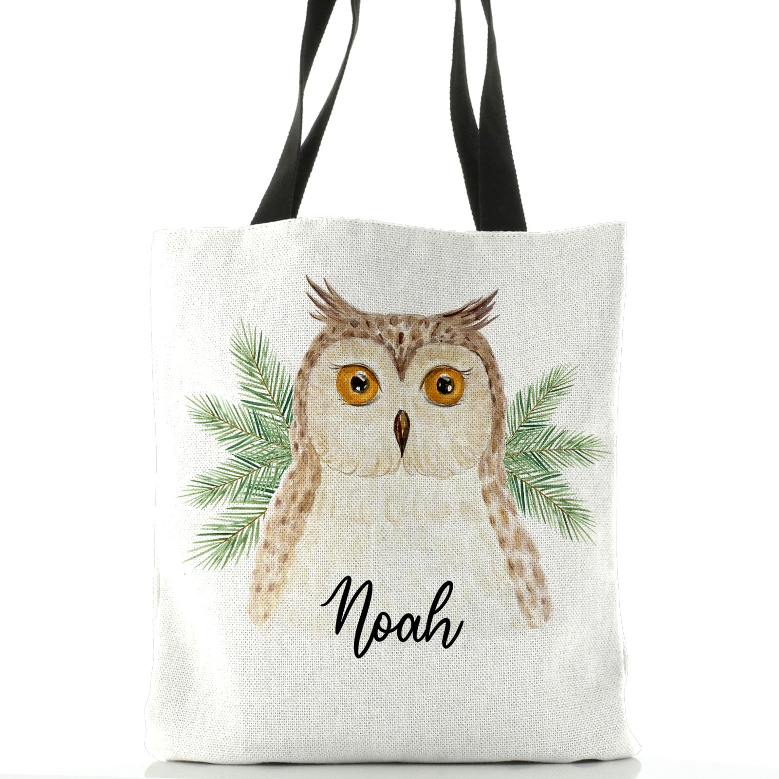 Personalised White Tote Bag with Brown Owl Pine Tree and Cute Text