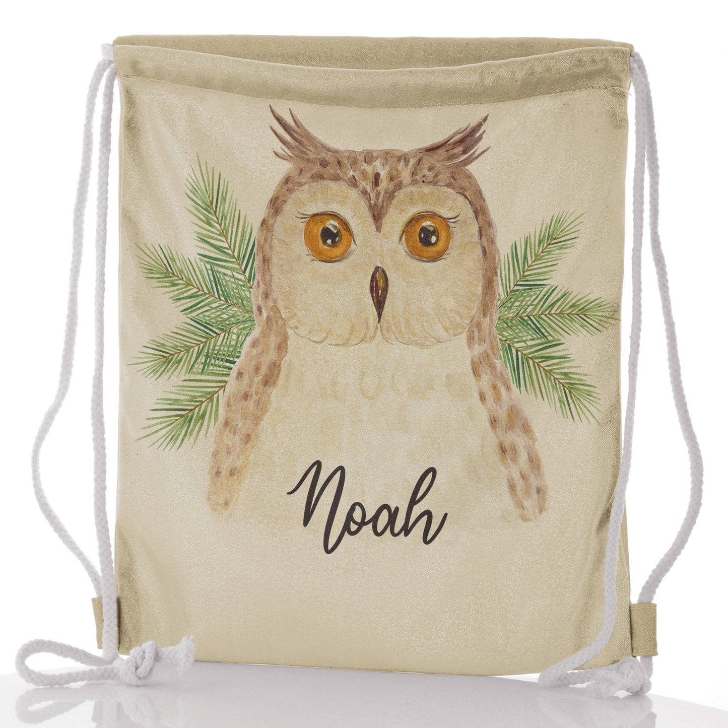 Personalised Glitter Drawstring Backpack with Brown Owl Pine Tree and Cute Text