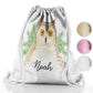 Personalised Glitter Drawstring Backpack with Brown Owl Pine Tree and Cute Text