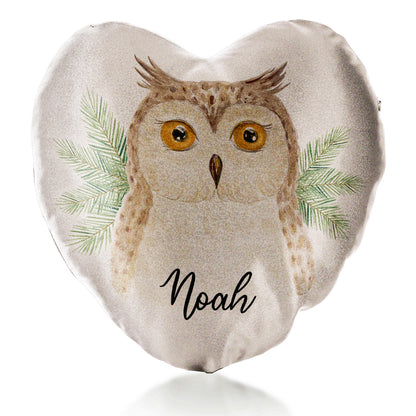 Personalised Glitter Heart Cushion with Brown Owl Pine Tree and Cute Text