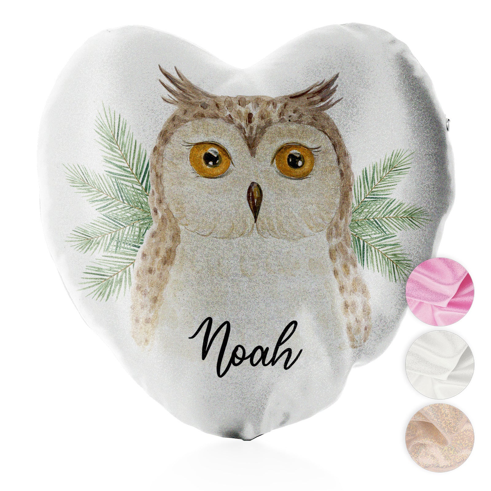 Personalised Glitter Heart Cushion with Brown Owl Pine Tree and Cute Text
