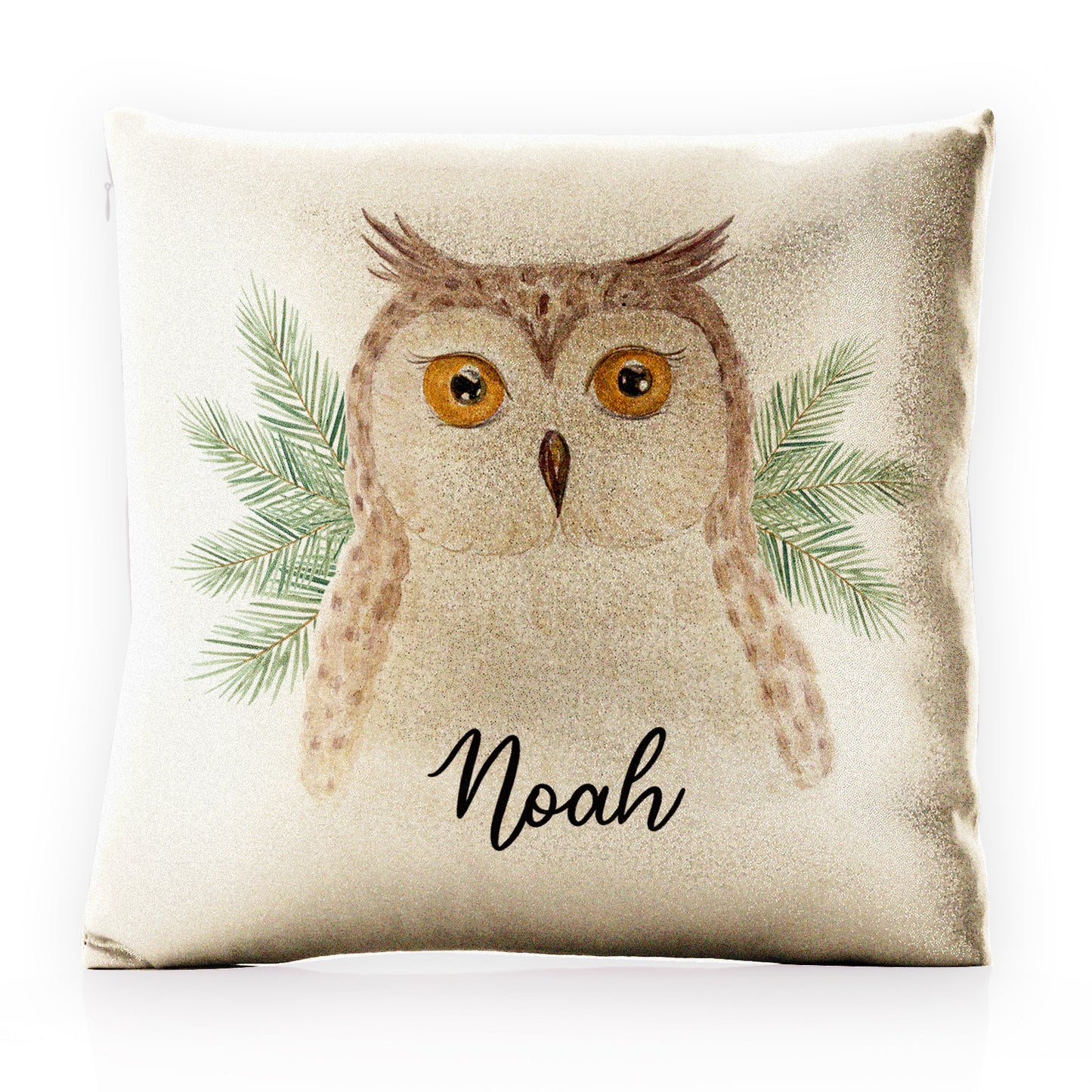 Personalised Glitter Cushion with Brown Owl Pine Tree and Cute Text