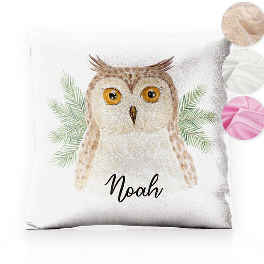 Personalised Glitter Cushion with Brown Owl Pine Tree and Cute Text