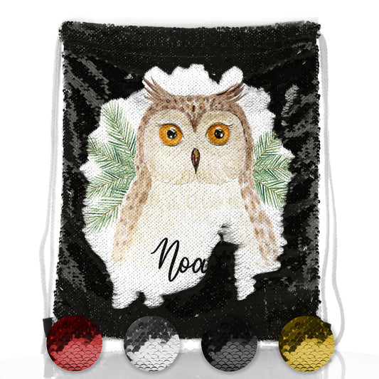 Personalised Sequin Drawstring Backpack with Brown Owl Pine Tree and Cute Text