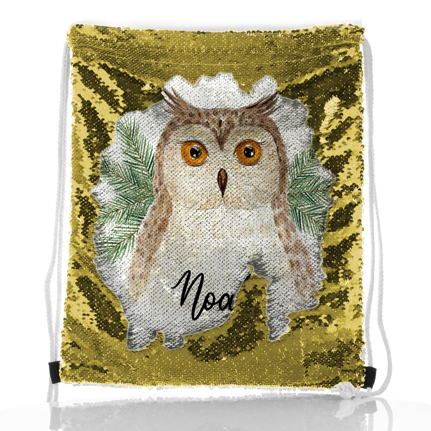Personalised Sequin Drawstring Backpack with Brown Owl Pine Tree and Cute Text