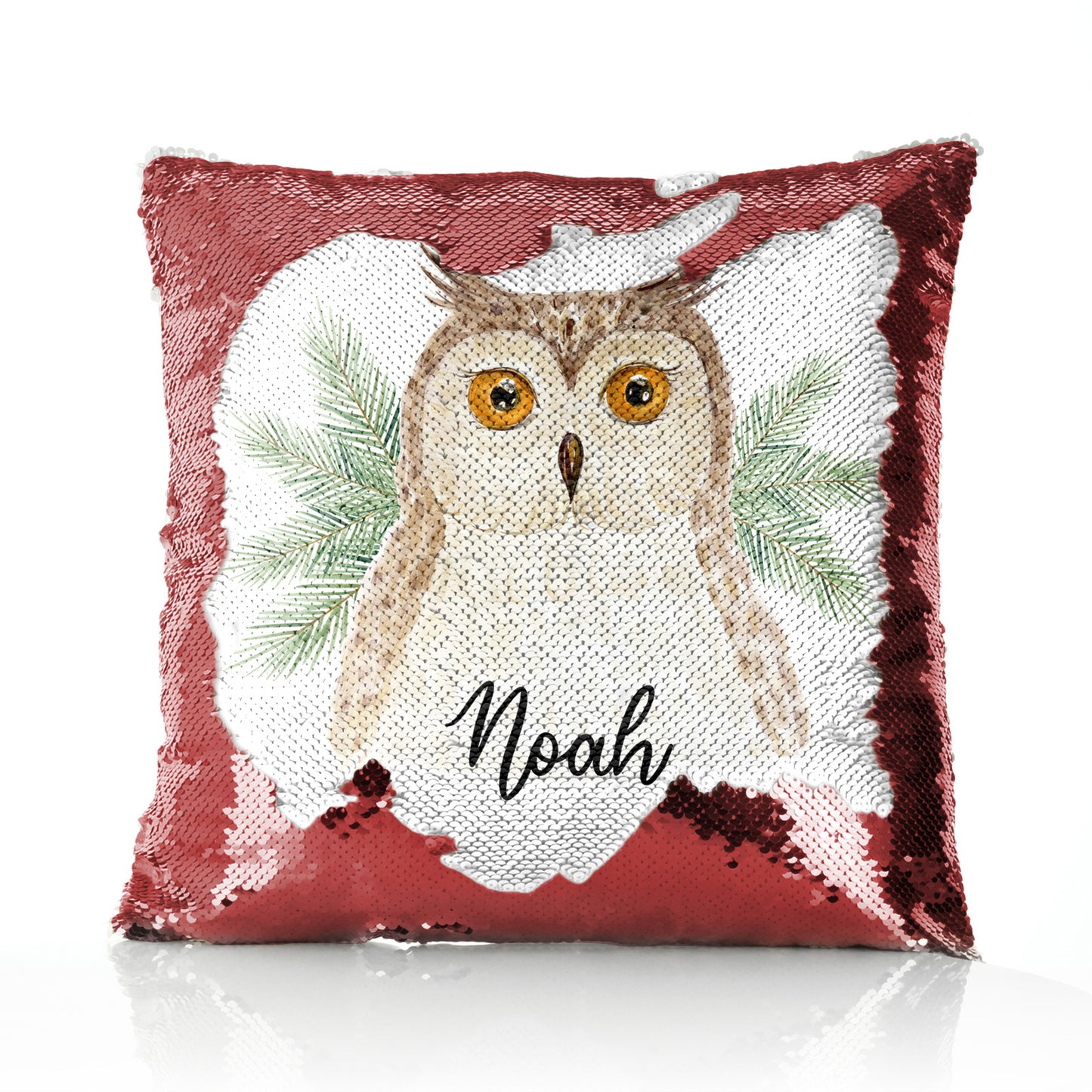 Personalised Sequin Cushion with Brown Owl Pine Tree and Cute Text
