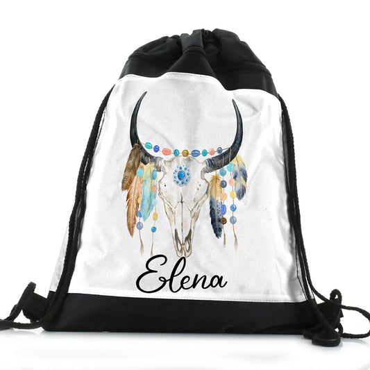 Personalised Cow Skull Feathers and Name Black Drawstring Backpack