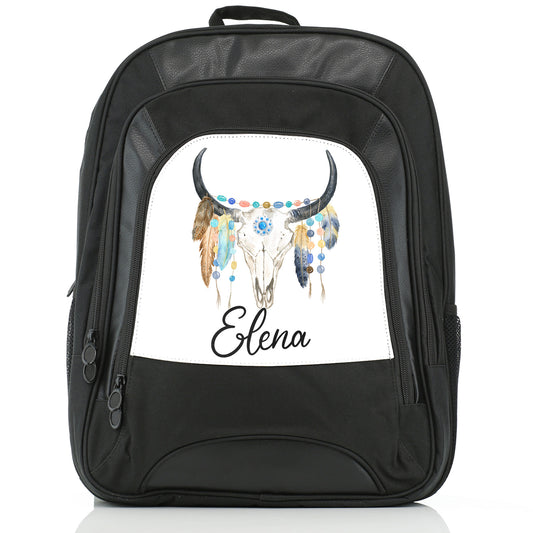 Personalised Large Multifunction Backpack with Cow Skull Feathers and Cute Text