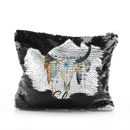 Personalised Sequin Zip Bag with Cow Skull Feathers and Cute Text