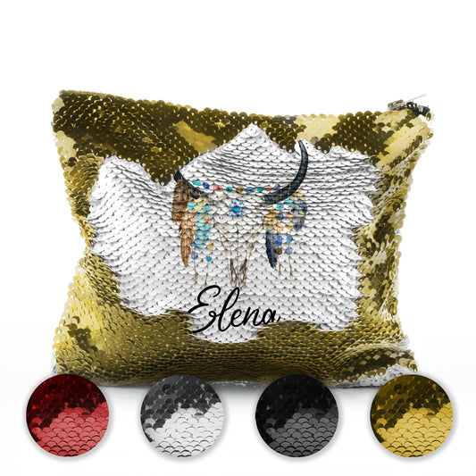 Personalised Sequin Zip Bag with Cow Skull Feathers and Cute Text