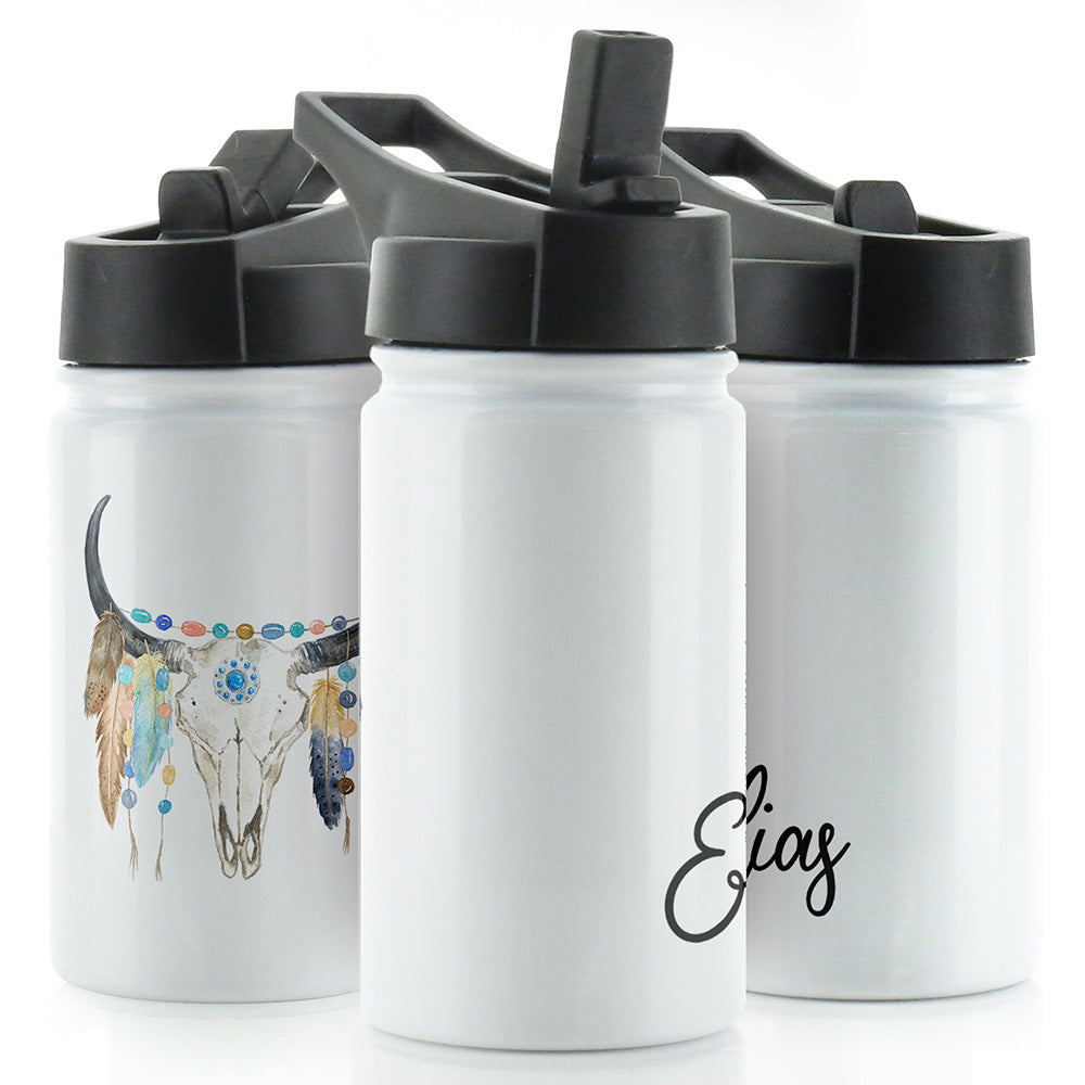 Personalised Cow Skull Feathers and Name White Sports Flask