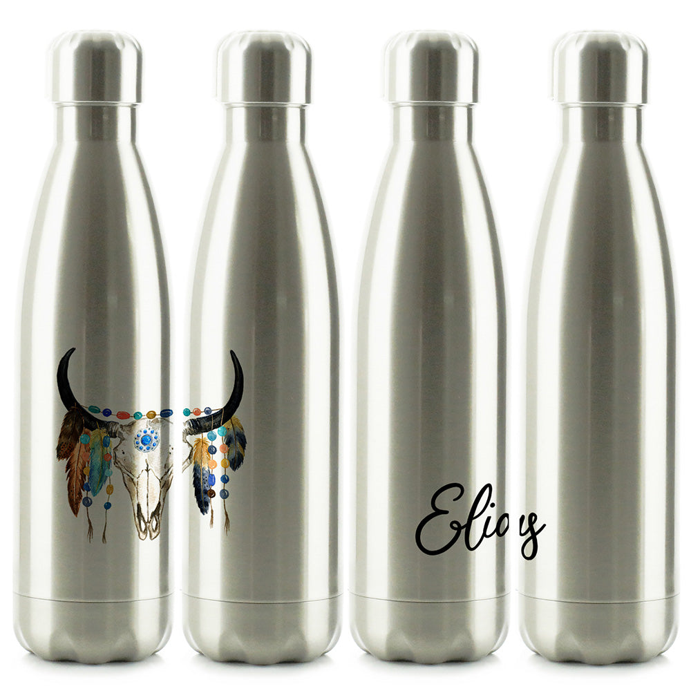 Personalised Cow Skull Feathers and Name Cola Bottle