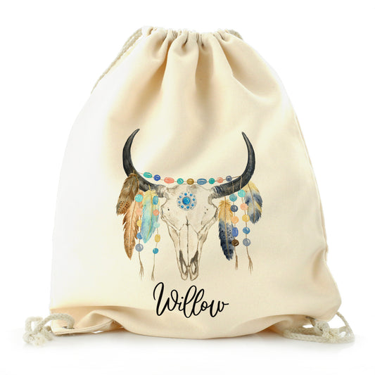 Personalised Canvas Drawstring Backpack with Cow Skull Feathers and Cute Text