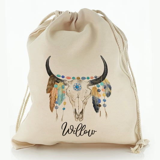 Personalised Canvas Sack with Cow Skull Feathers and Cute Text