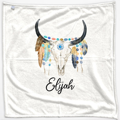 Personalised Cow Skull Feathers and Name Baby Blanket