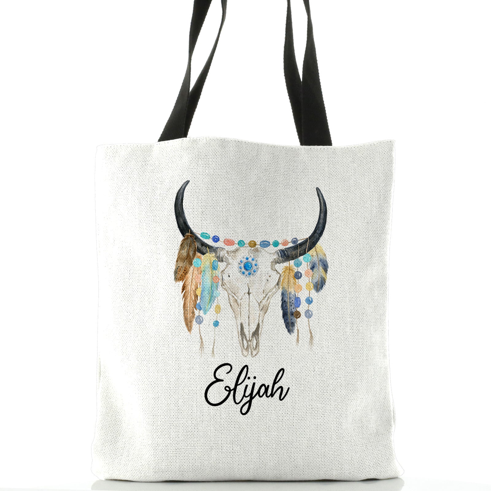 Personalised White Tote Bag with Cow Skull Feathers and Cute Text
