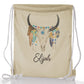 Personalised Glitter Drawstring Backpack with Cow Skull Feathers and Cute Text