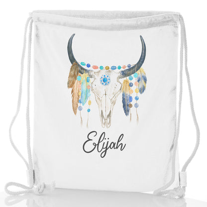 Personalised Glitter Drawstring Backpack with Cow Skull Feathers and Cute Text