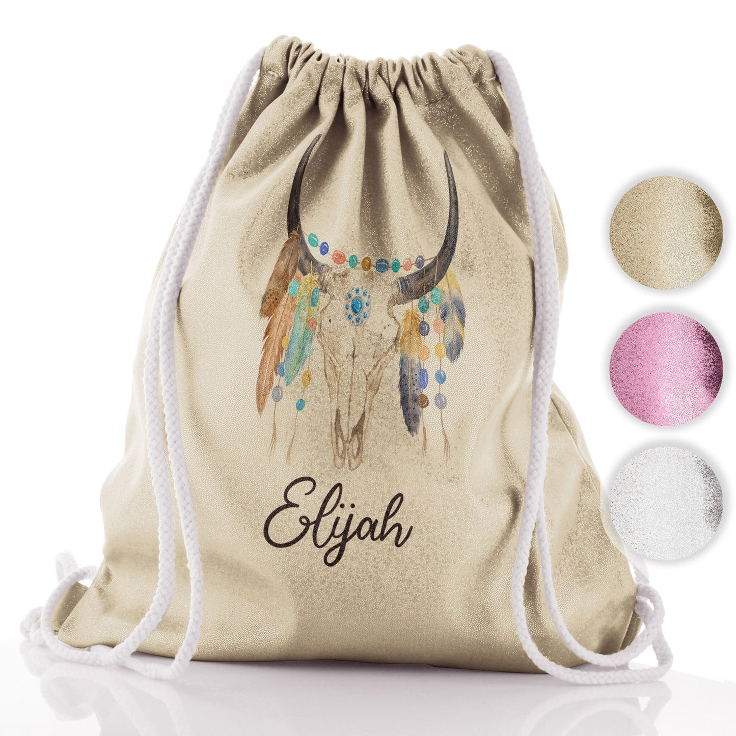 Personalised Glitter Drawstring Backpack with Cow Skull Feathers and Cute Text