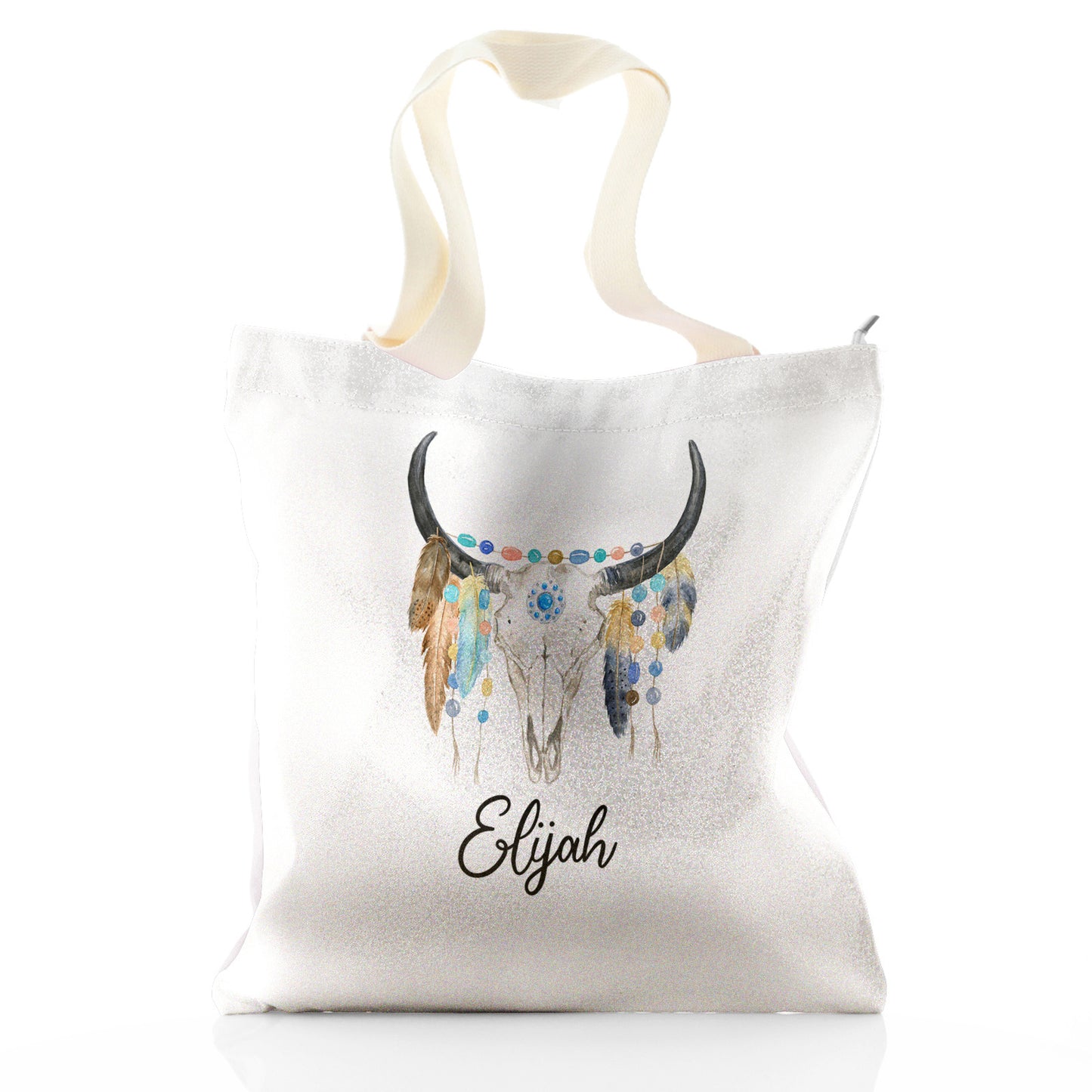 Personalised Glitter Tote Bag with Cow Skull Feathers and Cute Text