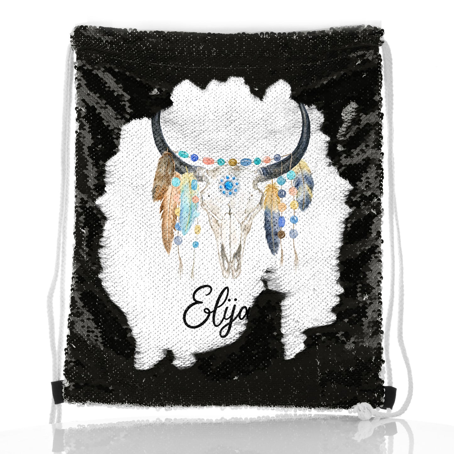 Personalised Sequin Drawstring Backpack with Cow Skull Feathers and Cute Text