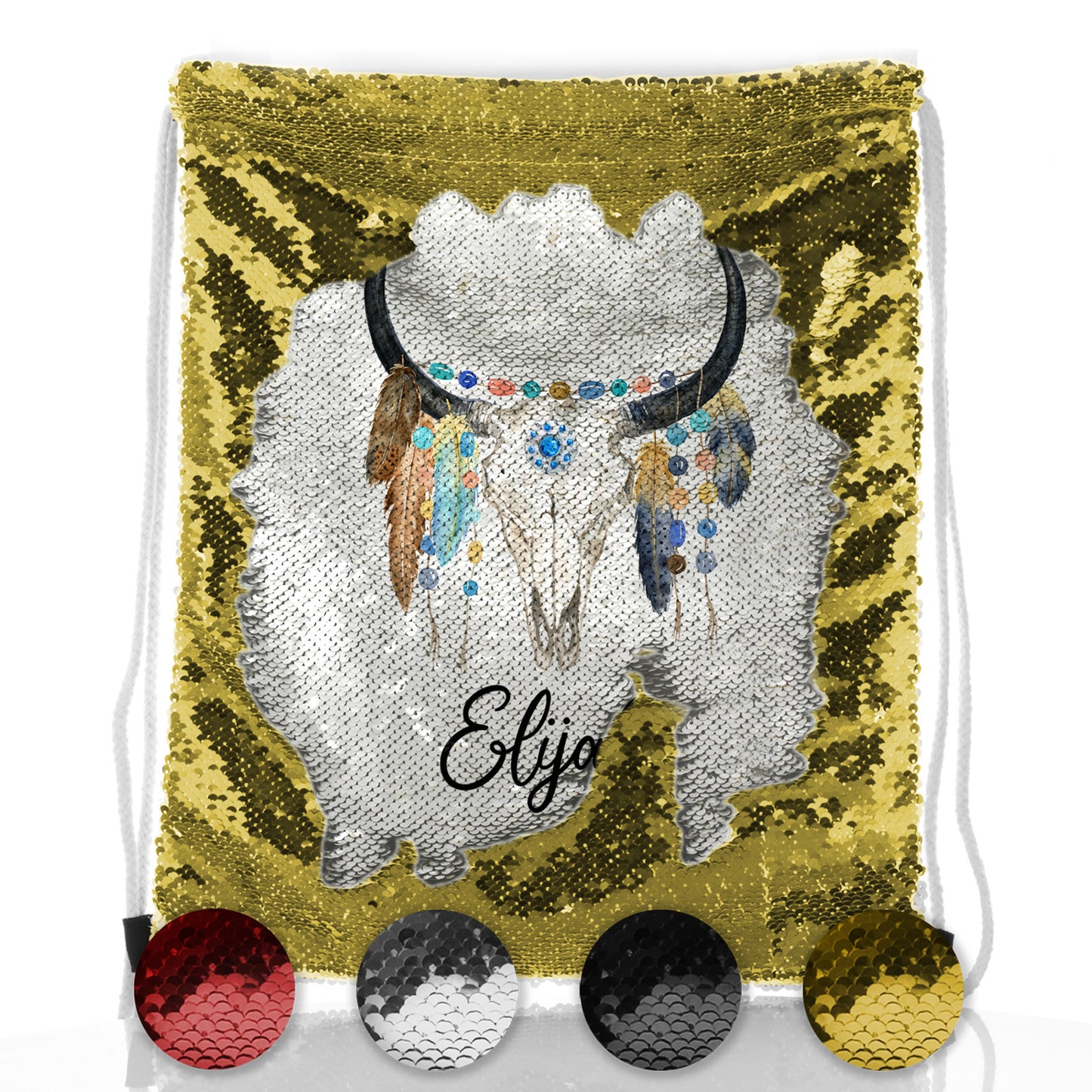 Personalised Sequin Drawstring Backpack with Cow Skull Feathers and Cute Text