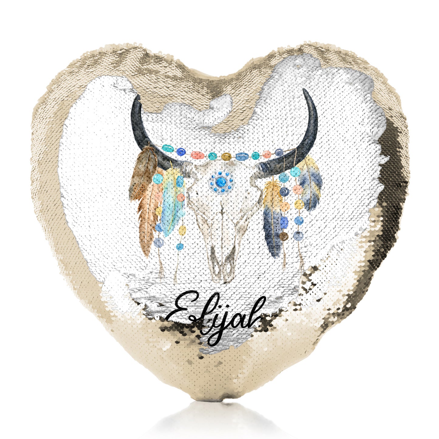 Personalised Sequin Heart Cushion with Cow Skull Feathers and Cute Text