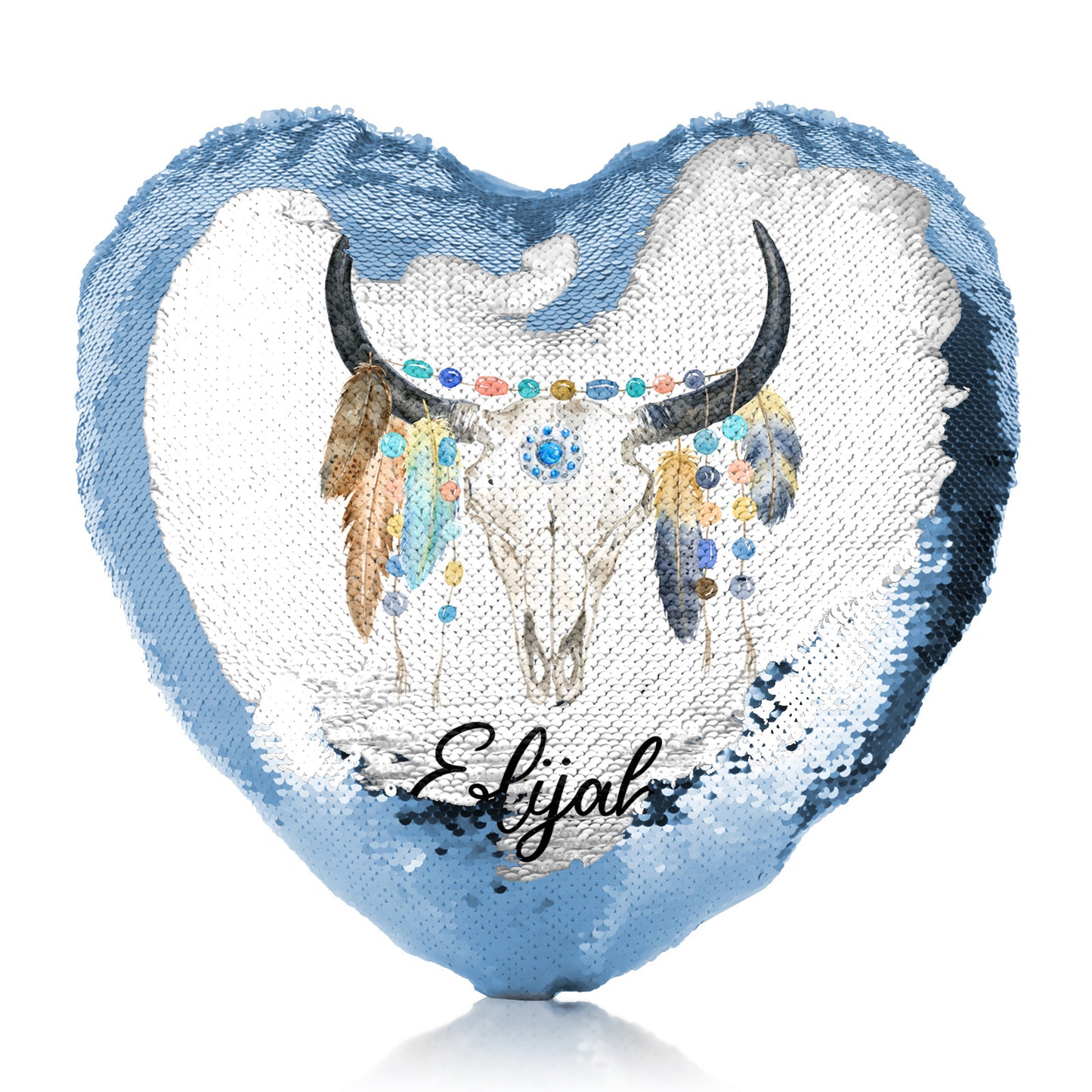 Personalised Sequin Heart Cushion with Cow Skull Feathers and Cute Text