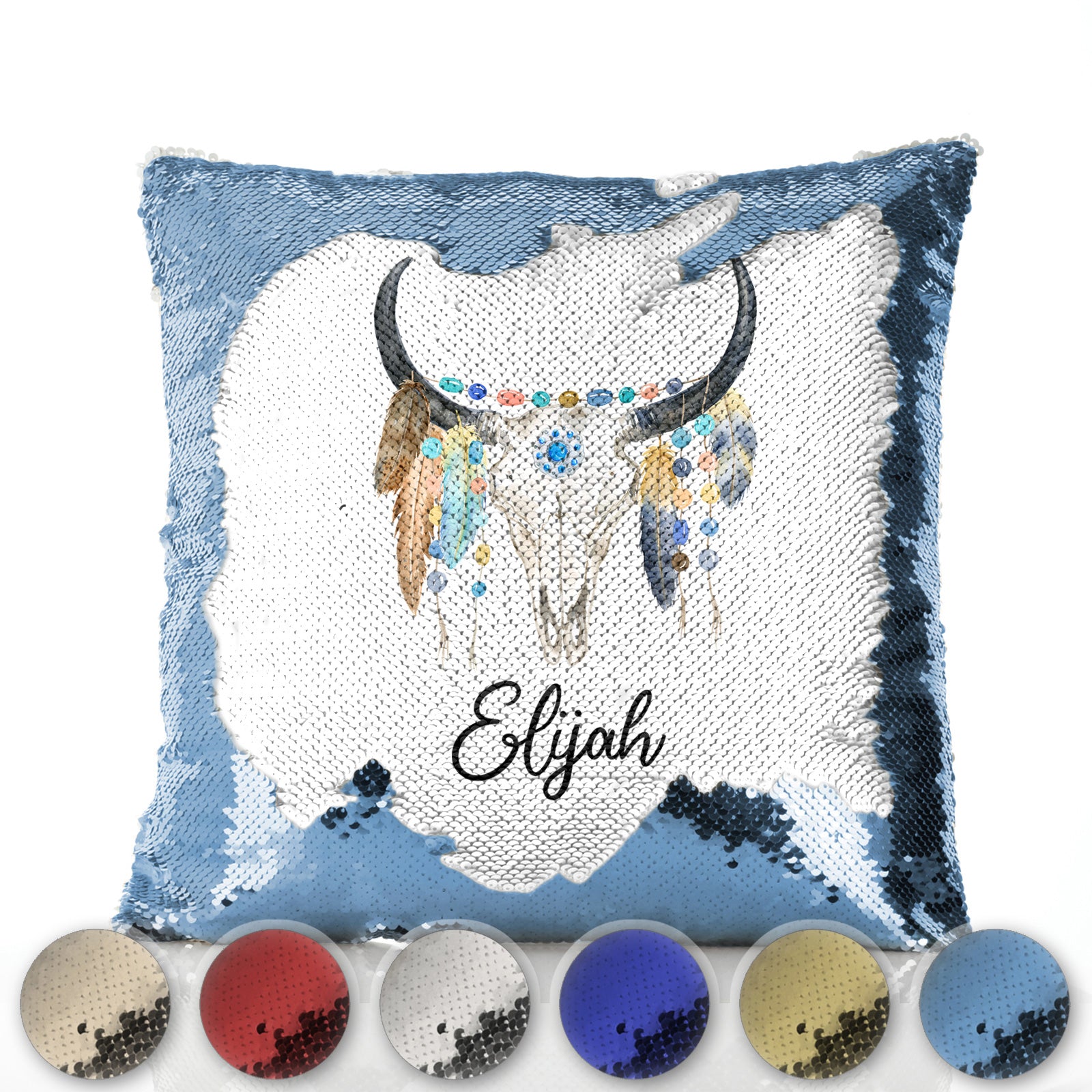 Personalised Sequin Cushion with Cow Skull Feathers and Cute Text