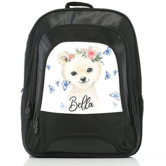 Personalised Large Multifunction Backpack with White Polar Bear Blue Butterflies and Cute Text