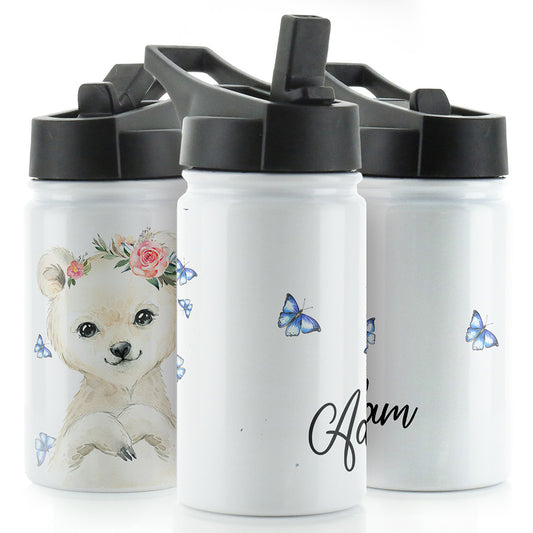 Personalisierte Eisbär-Schmetterlings- und Namens-weiße Sportflasche