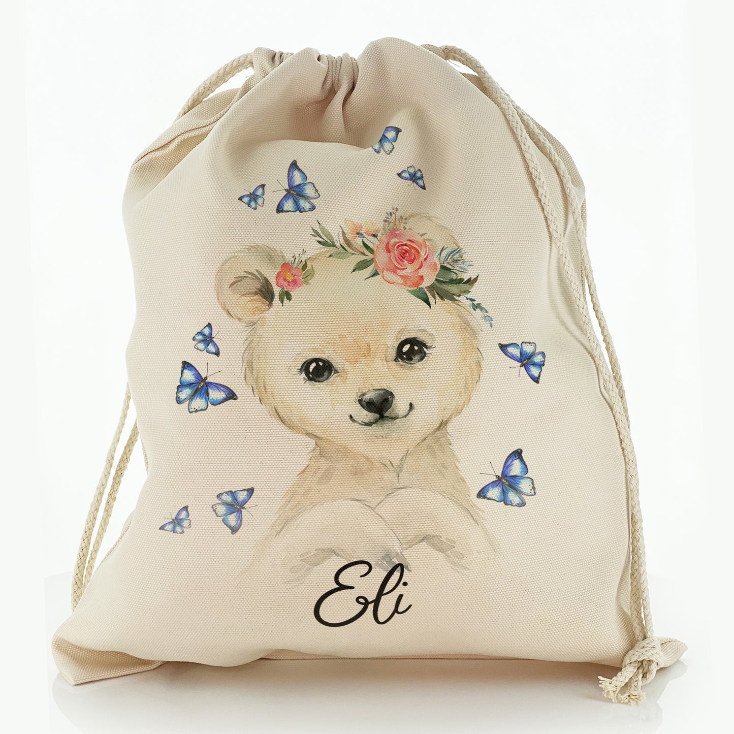 Personalised Canvas Sack with White Polar Bear Blue Butterflies and Cute Text