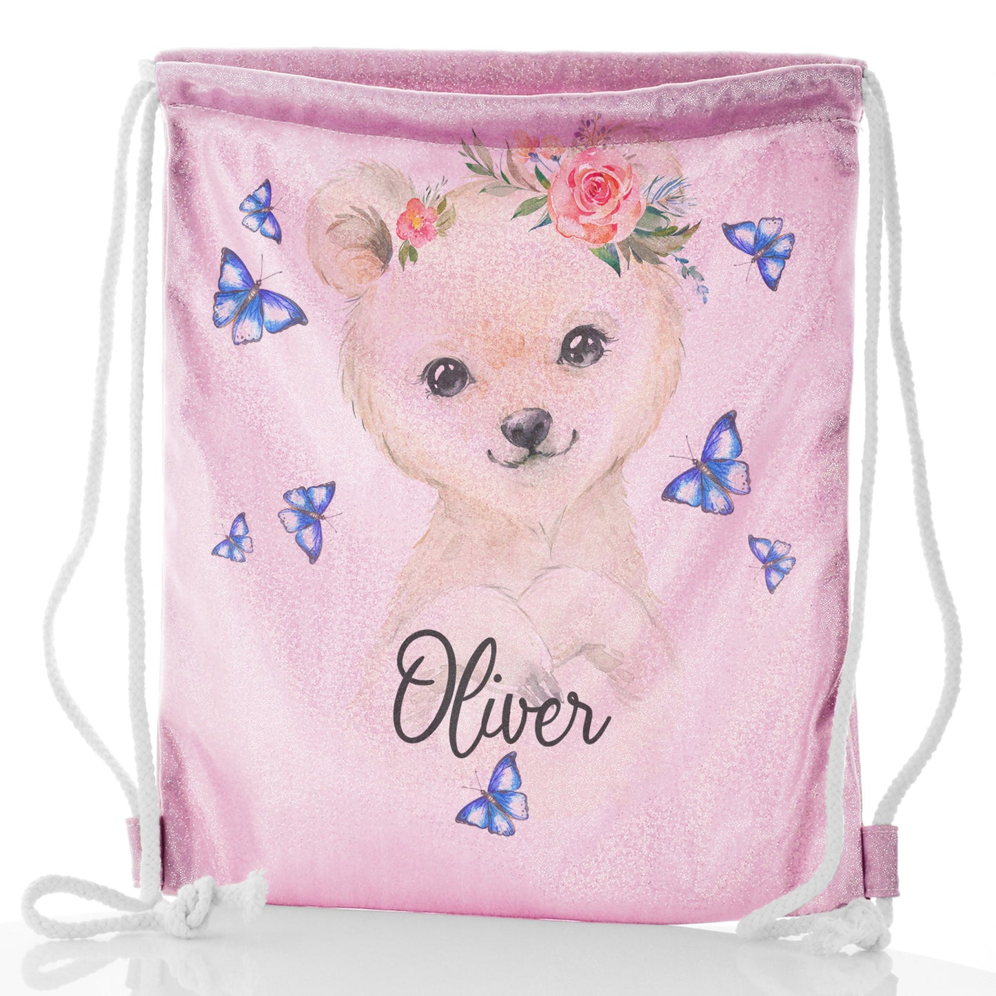 Personalised Glitter Drawstring Backpack with White Polar Bear Blue Butterflies and Cute Text