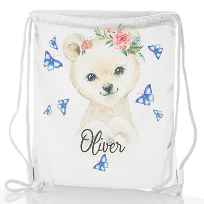 Personalised Glitter Drawstring Backpack with White Polar Bear Blue Butterflies and Cute Text