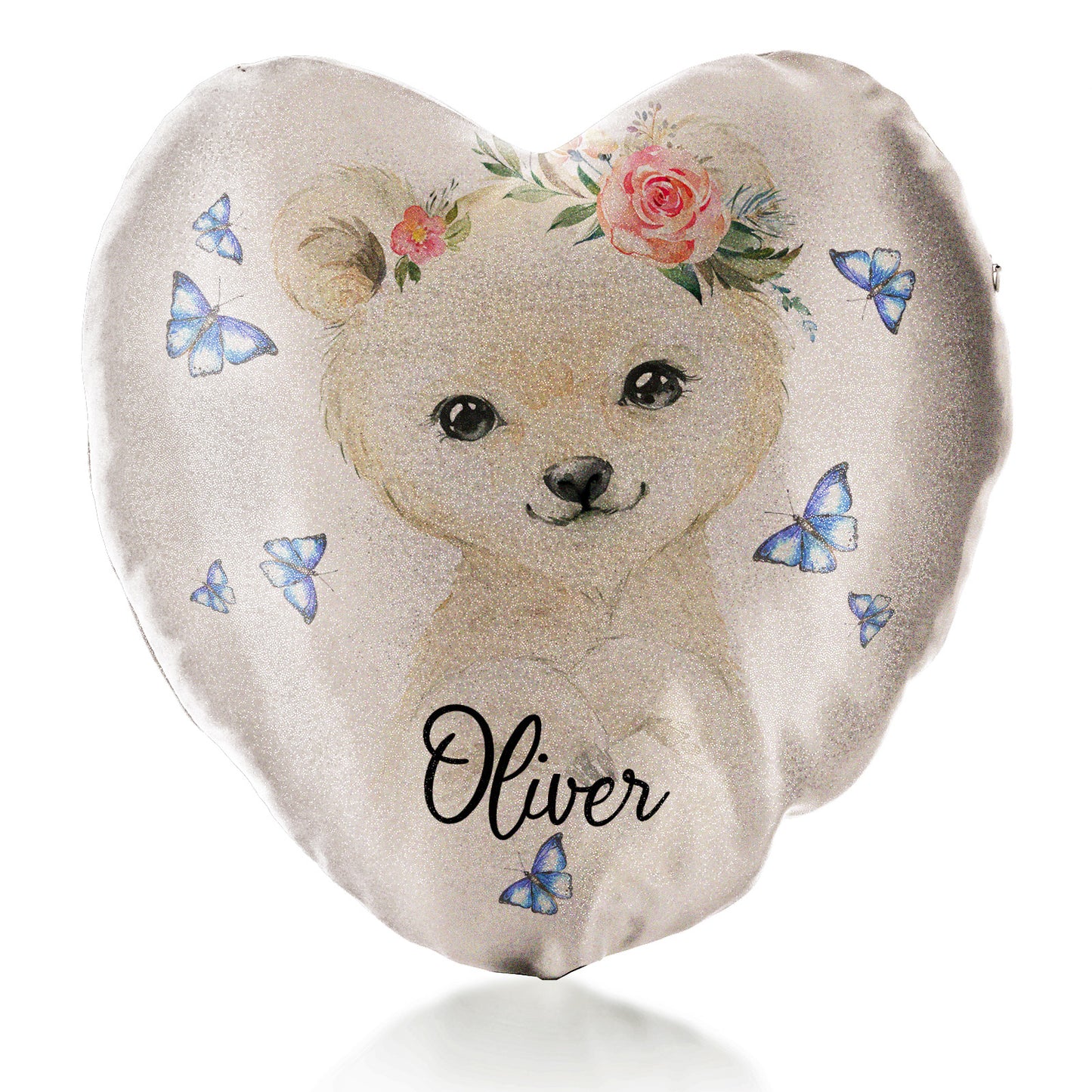 Personalised Glitter Heart Cushion with White Polar Bear Blue Butterflies and Cute Text