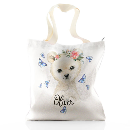Personalisierte Glitzer-Einkaufstasche mit weißen Eisbären, blauen Schmetterlingen und niedlichem Text