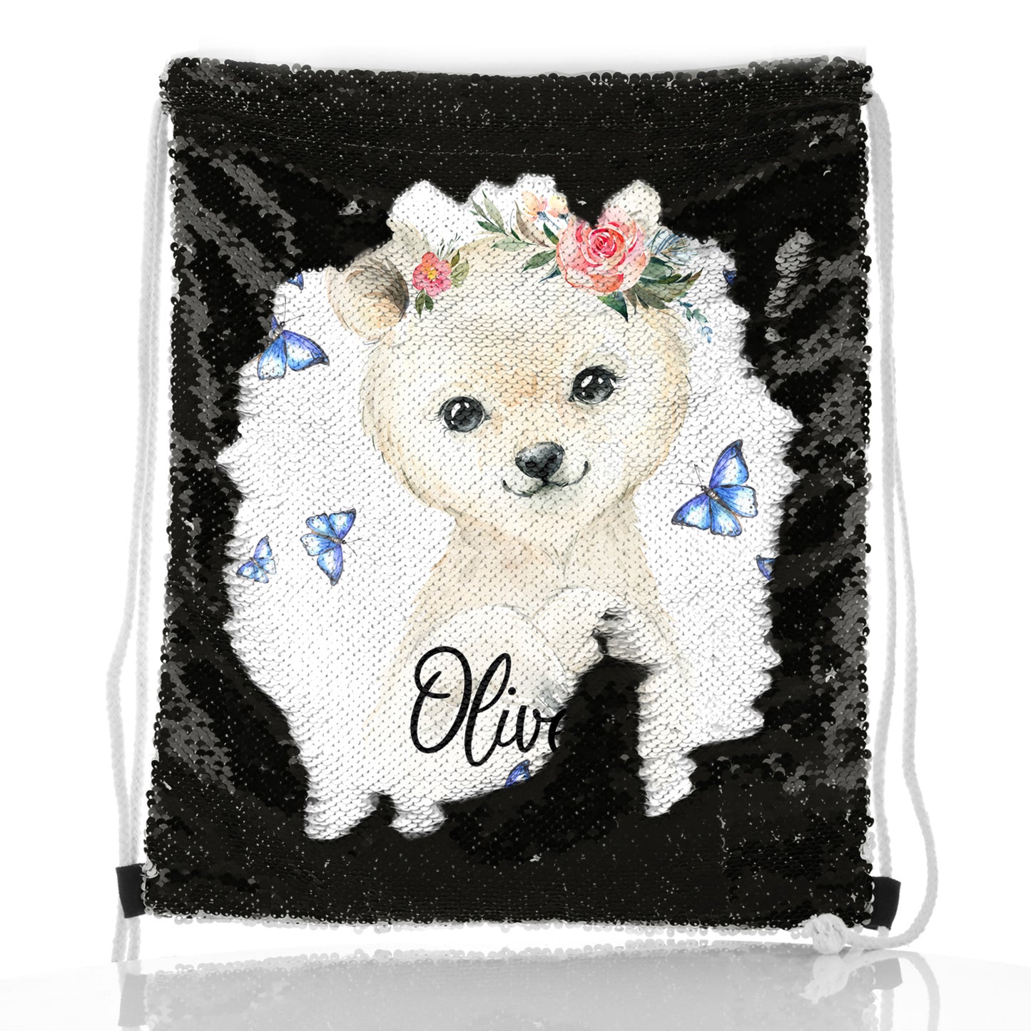 Personalisierter Pailletten-Rucksack mit Kordelzug, weißer Eisbär, blaue Schmetterlinge und süßer Text