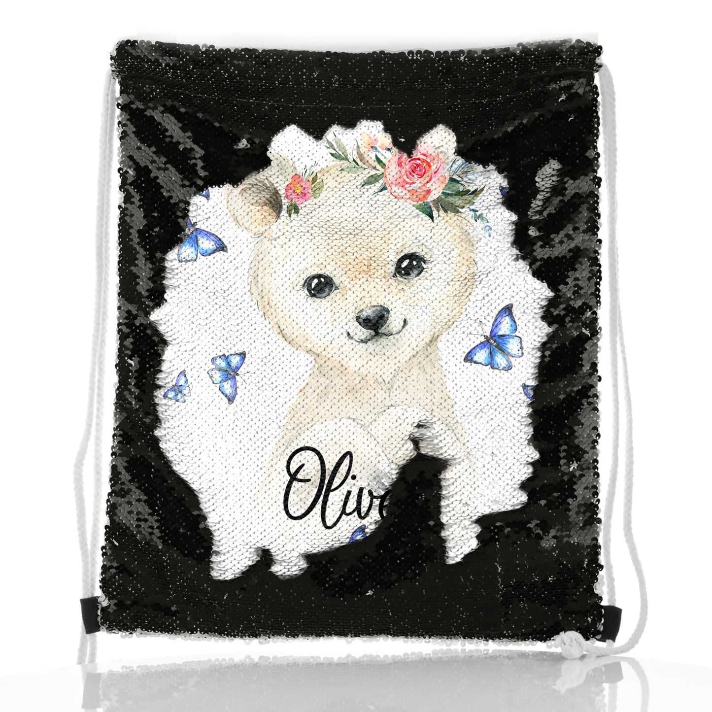 Personalised Sequin Drawstring Backpack with White Polar Bear Blue Butterflies and Cute Text