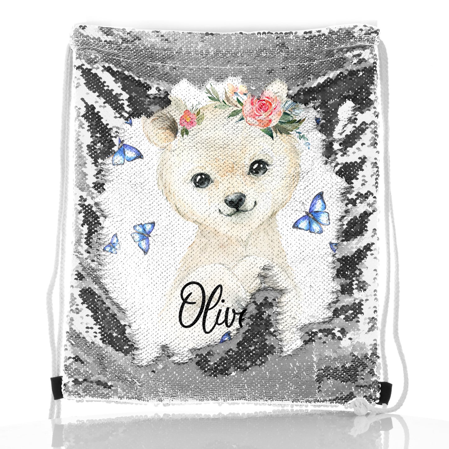 Personalised Sequin Drawstring Backpack with White Polar Bear Blue Butterflies and Cute Text