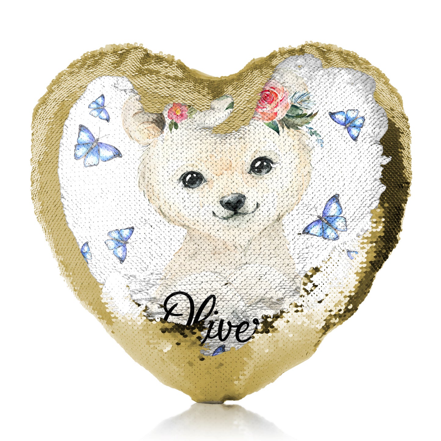 Personalised Sequin Heart Cushion with White Polar Bear Blue Butterflies and Cute Text