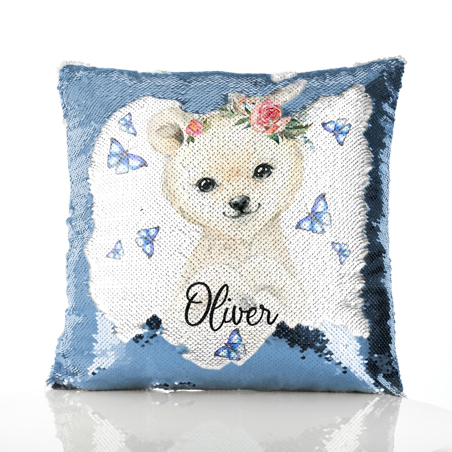 Personalised Sequin Cushion with White Polar Bear Blue Butterflies and Cute Text