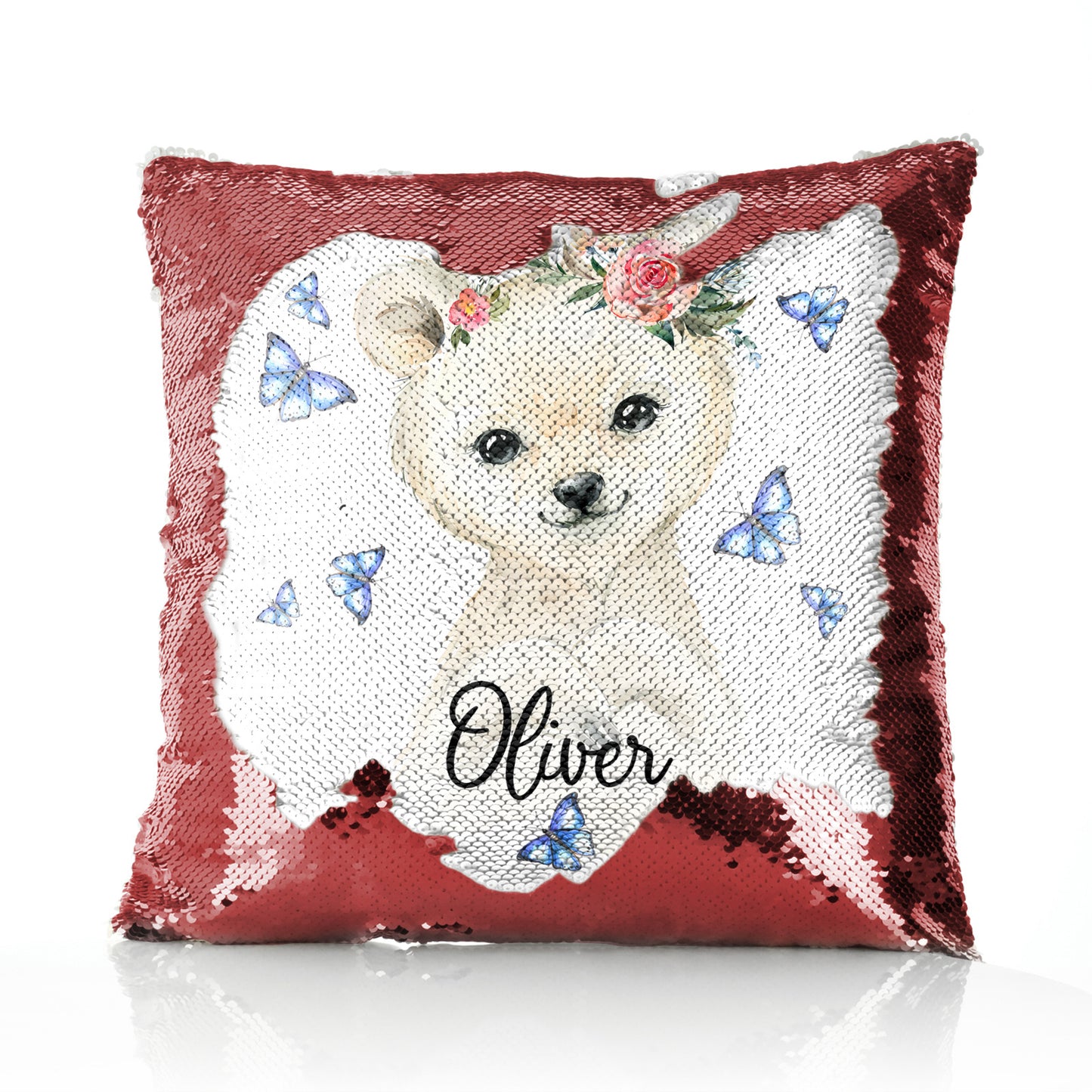 Personalised Sequin Cushion with White Polar Bear Blue Butterflies and Cute Text
