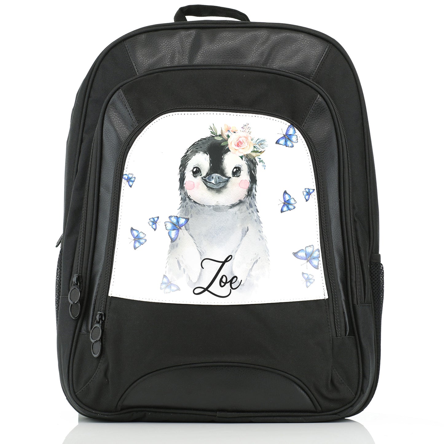 Personalised Large Multifunction Backpack with Grey Penguin Blue Butterflies and Cute Text