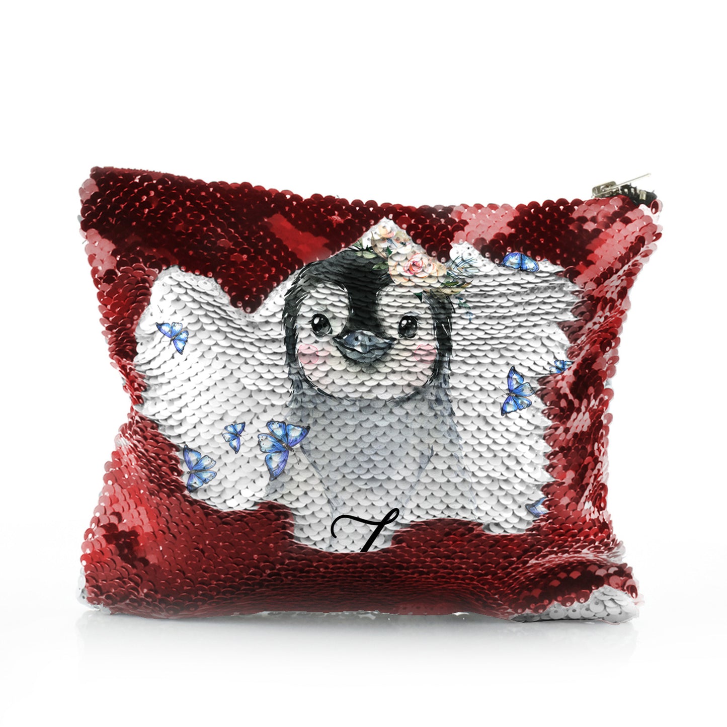 Personalisierte Pailletten-Reißverschlusstasche mit grauen Pinguin-blauen Schmetterlingen und süßem Text
