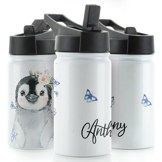 Personalised Penguin Butterflies and Name White Sports Flask
