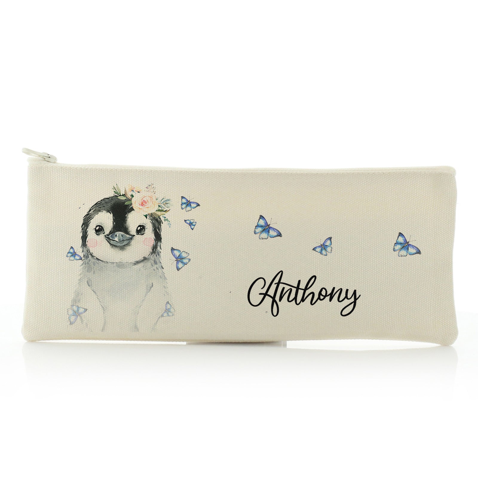 Personalised Canvas Zip Bag with Grey Penguin Blue Butterflies and Cute Text