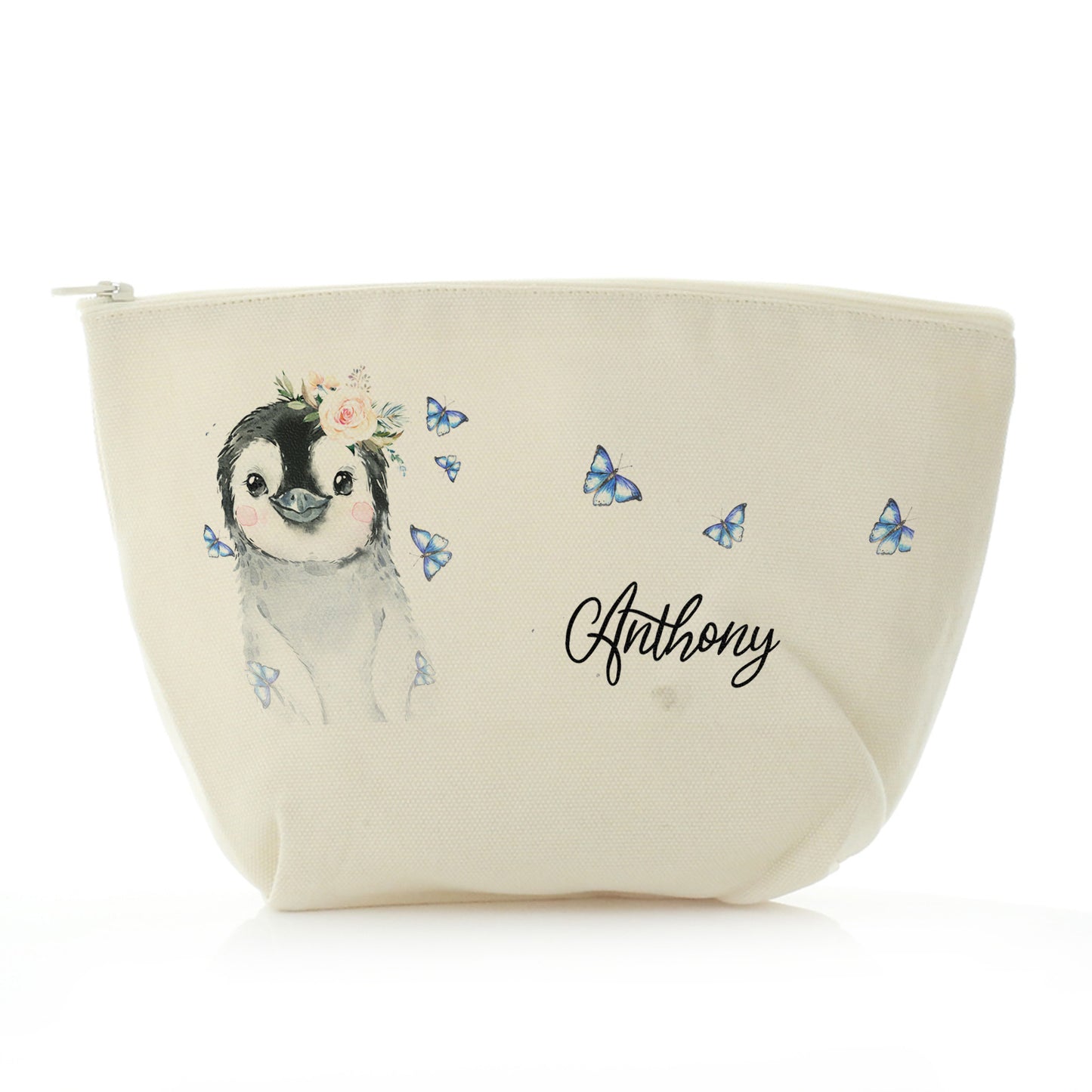 Personalised Canvas Zip Bag with Grey Penguin Blue Butterflies and Cute Text